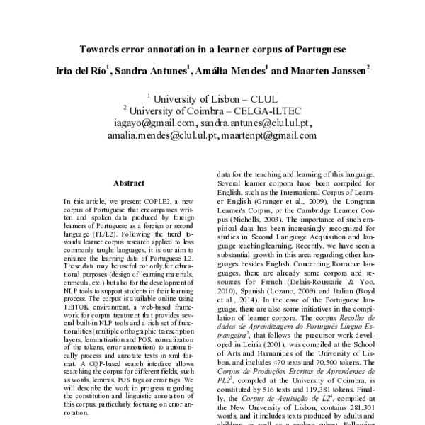 Towards error annotation in a learner corpus of Portuguese - ACL Anthology
