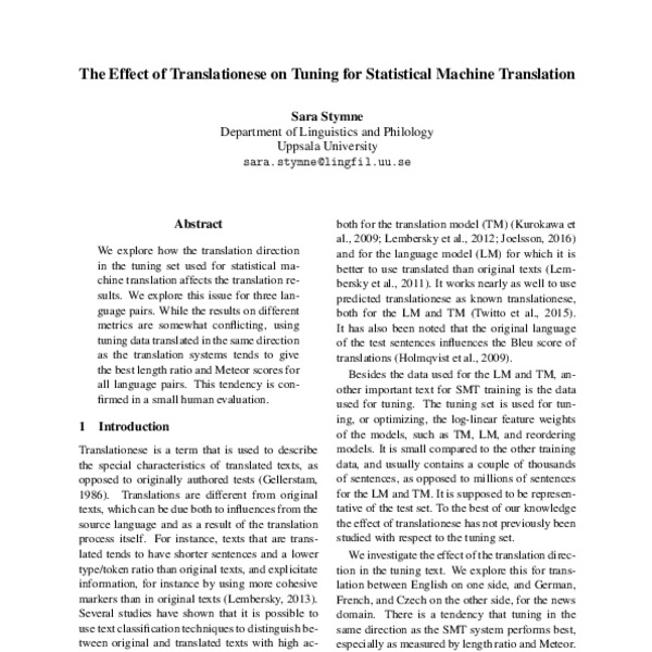 The Effect of Translationese on Tuning for Statistical Machine ...