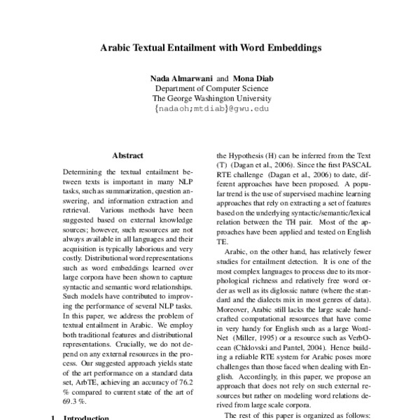 Arabic Textual Entailment with Word Embeddings - ACL Anthology