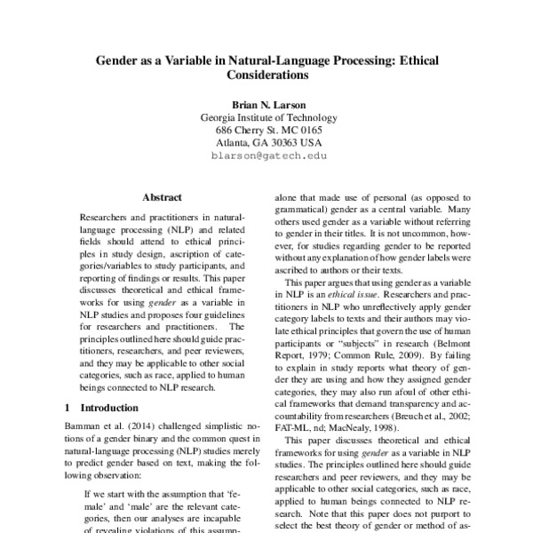 Gender As A Variable In Natural Language Processing Ethical Considerations Acl Anthology