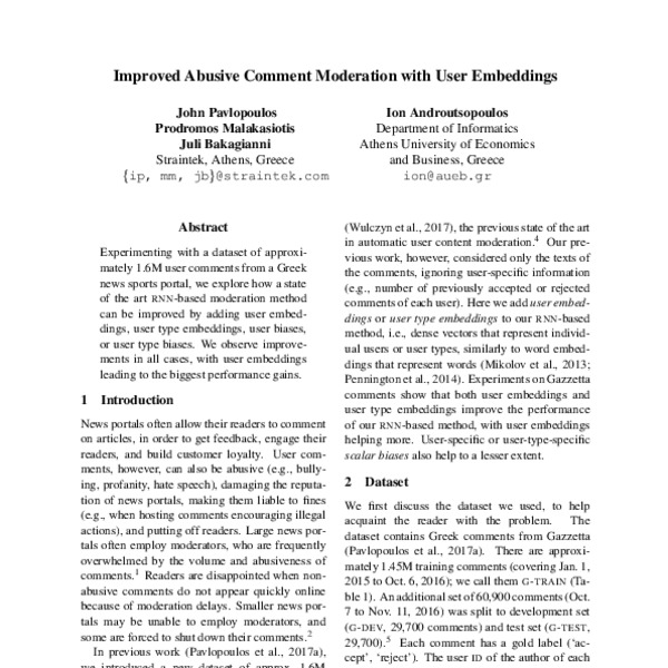 Improved Abusive Comment Moderation with User Embeddings - ACL Anthology