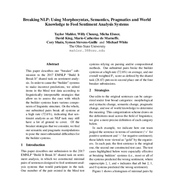 Breaking NLP: Using Morphosyntax, Semantics, Pragmatics and World Knowledge to Fool Sentiment ...