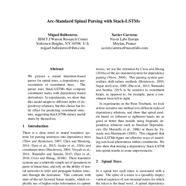 Arc-Standard Spinal Parsing with Stack-LSTMs - ACL Anthology