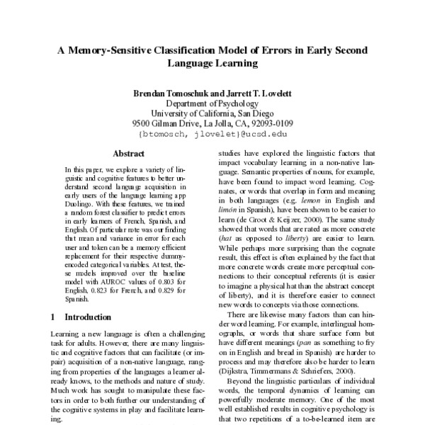 A Memory-Sensitive Classification Model of Errors in Early Second ...