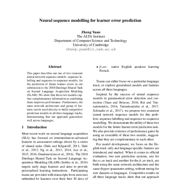 Neural sequence modelling for learner error prediction - ACL Anthology