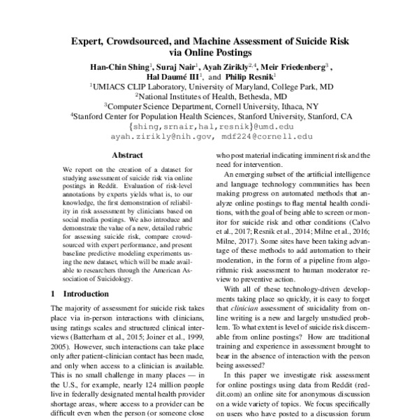 Expert, Crowdsourced, and Machine Assessment of Suicide Risk via Online ...