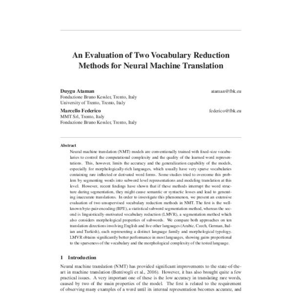 An Evaluation of Two Vocabulary Reduction Methods for Neural Machine ...