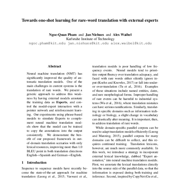 Towards one-shot learning for rare-word translation with external ...