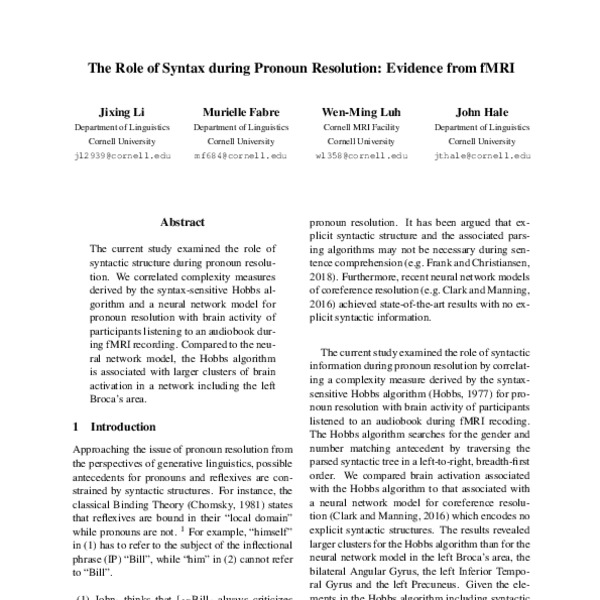 The Role of Syntax During Pronoun Resolution: Evidence from fMRI - ACL ...