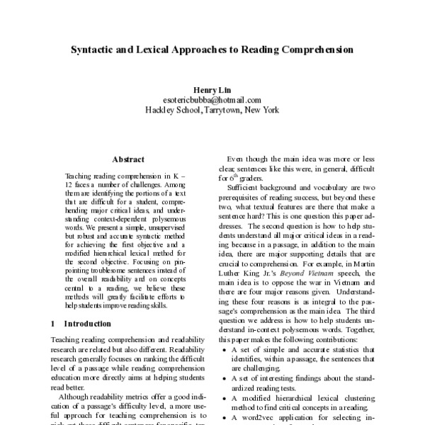 Syntactic and Lexical Approaches to Reading Comprehension - ACL Anthology