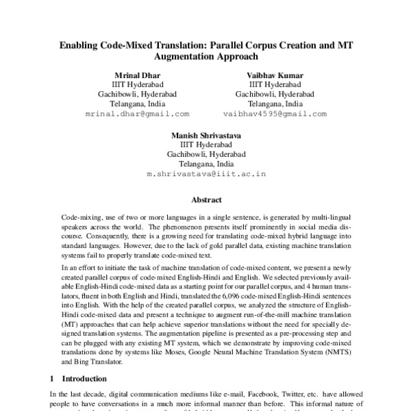 Enabling Code-Mixed Translation: Parallel Corpus Creation and MT ...