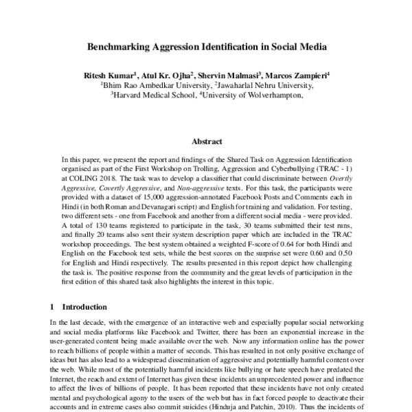 Benchmarking Aggression Identification in Social Media - ACL Anthology
