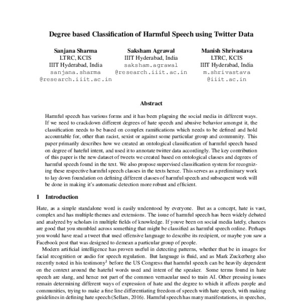 Degree based Classification of Harmful Speech using Twitter Data - ACL ...