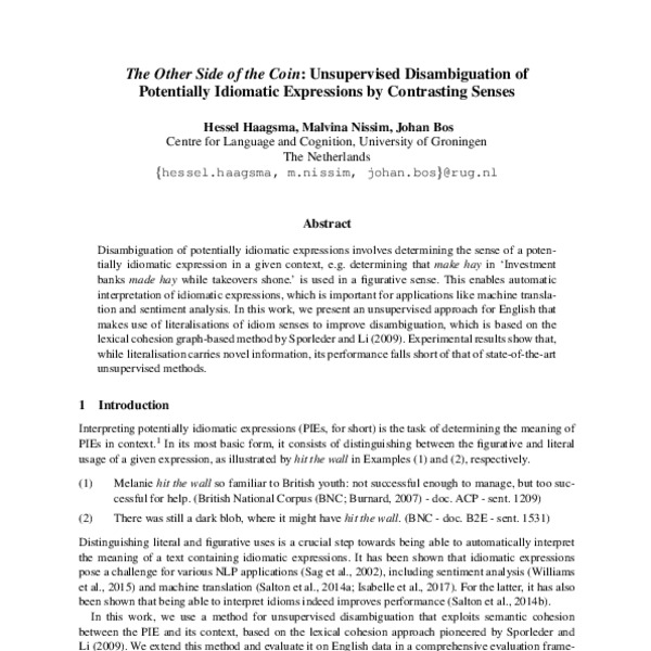 The Other Side Of The Coin Unsupervised Disambiguation Of Potentially Idiomatic Expressions By Contrasting Senses Acl Anthology