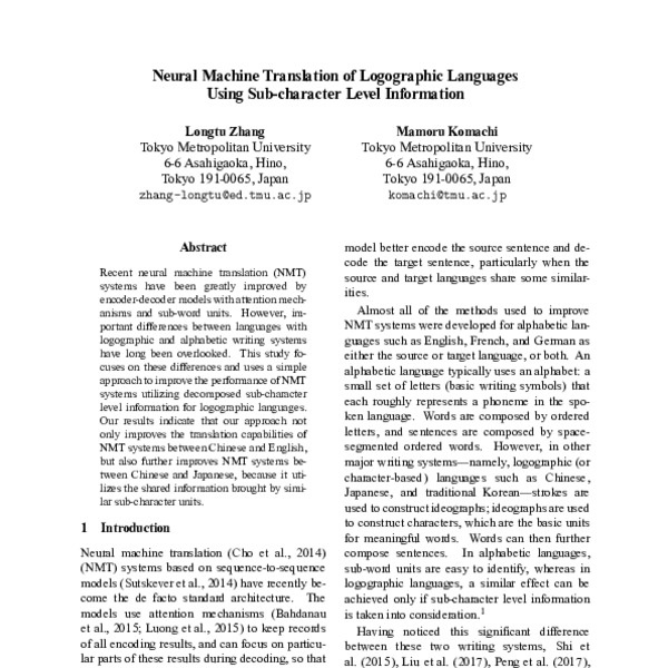 Neural Machine Translation of Logographic Language Using Sub-character ...