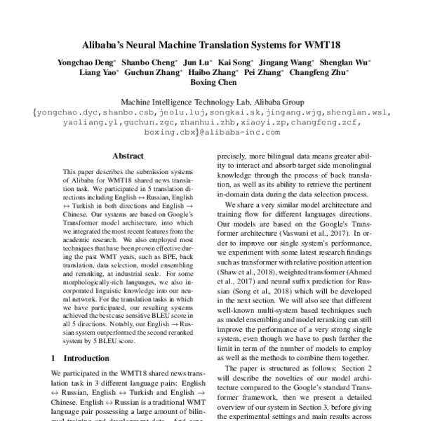 Alibaba’s Neural Machine Translation Systems for WMT18 - ACL Anthology