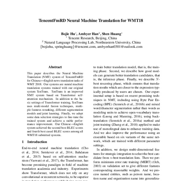 TencentFmRD Neural Machine Translation for WMT18 - ACL Anthology