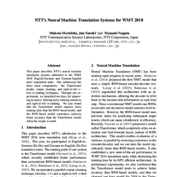 NTT’s Neural Machine Translation Systems for WMT 2018 - ACL Anthology