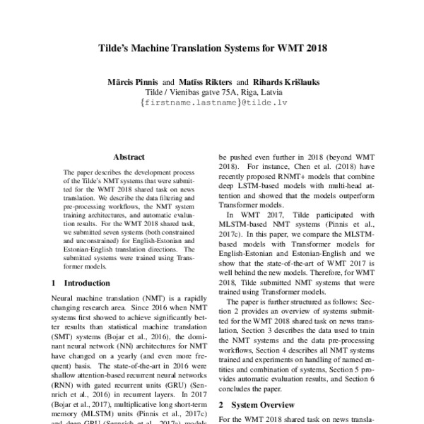 Tilde’s Machine Translation Systems for WMT 2018 - ACL Anthology