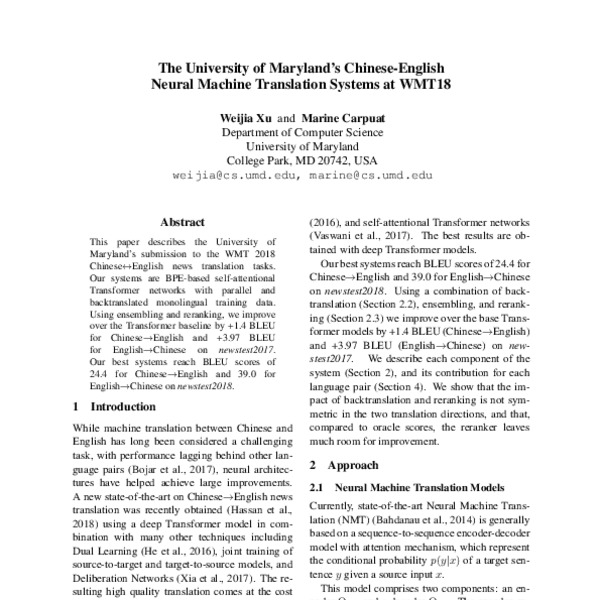 The University of Maryland’s Chinese-English Neural Machine Translation ...