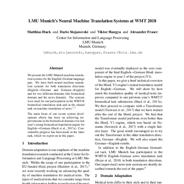 LMU Munich’s Neural Machine Translation Systems at WMT 2018 - ACL Anthology