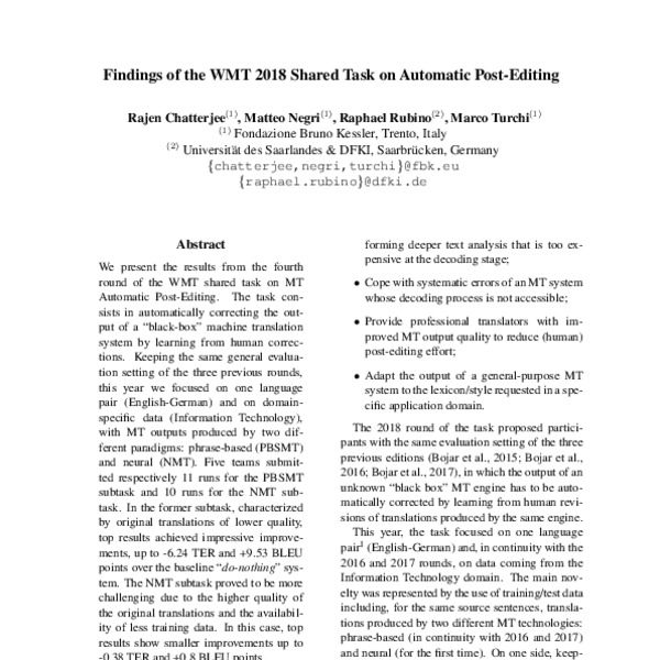 Findings of the WMT 2018 Shared Task on Automatic Post-Editing - ACL ...