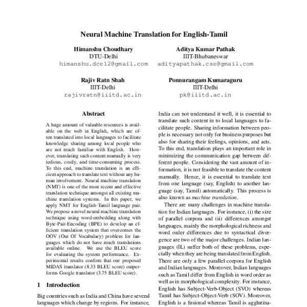 Neural Machine Translation For English Tamil Acl Anthology