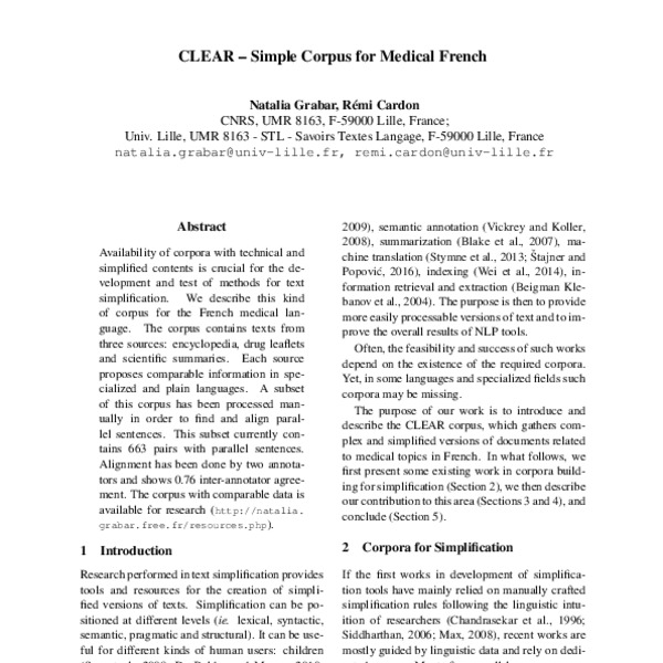 CLEAR – Simple Corpus for Medical French - ACL Anthology