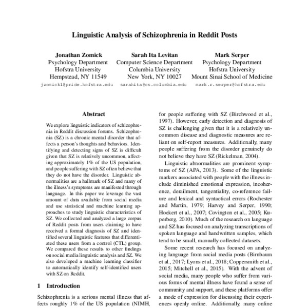 Linguistic Analysis of Schizophrenia in Reddit Posts - ACL Anthology