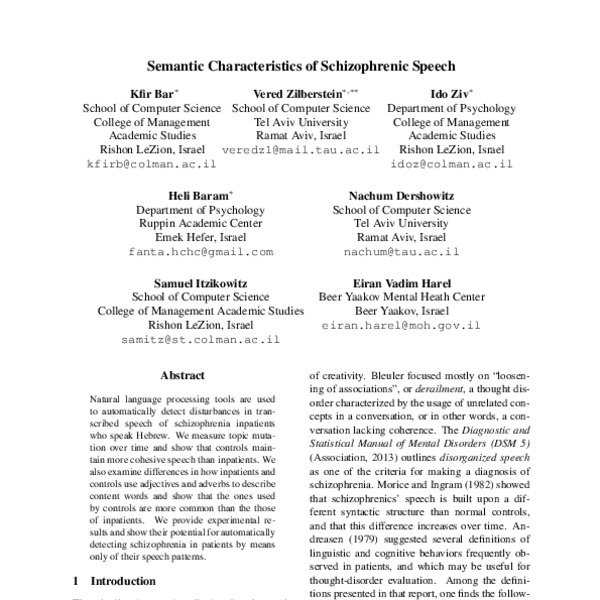 Semantic Characteristics of Schizophrenic Speech - ACL Anthology