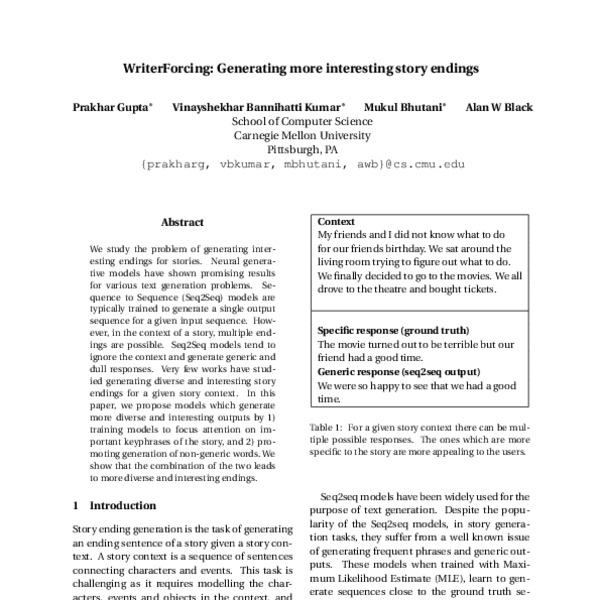 WriterForcing: Generating more interesting story endings - ACL Anthology