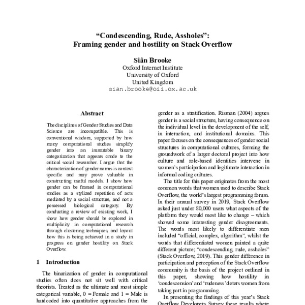 “Condescending, Rude, Assholes”: Framing gender and hostility on Stack ...