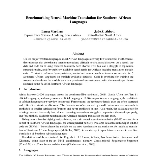 Benchmarking Neural Machine Translation for Southern African Languages ...