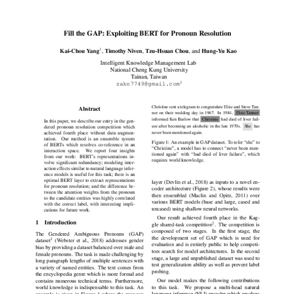 Fill the GAP: Exploiting BERT for Pronoun Resolution - ACL Anthology