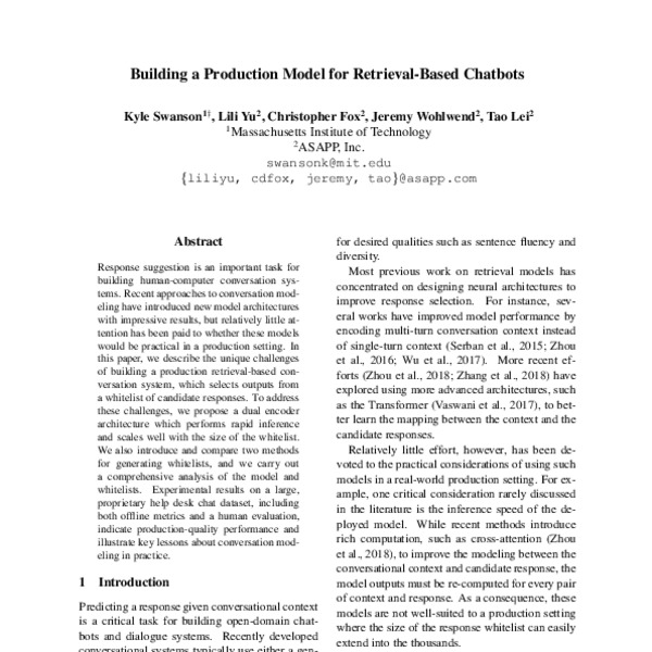 Building a Production Model for Retrieval-Based Chatbots - ACL Anthology