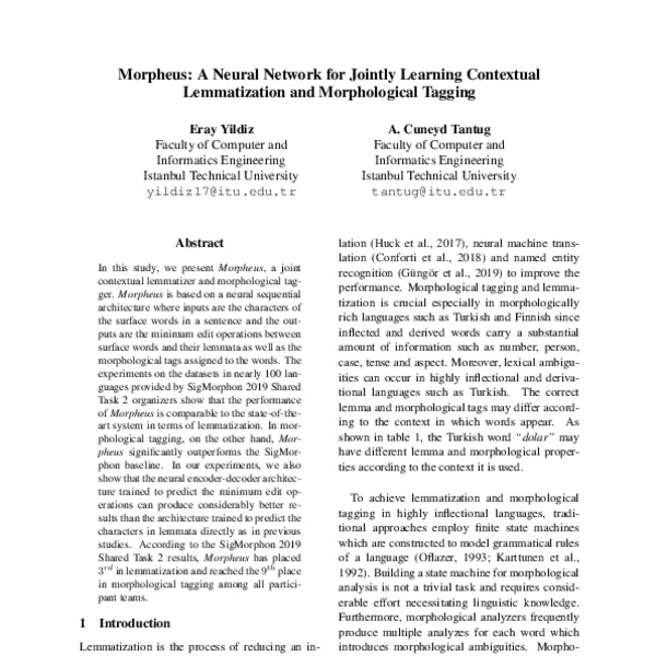 Morpheus A Neural Network For Jointly Learning Contextual Lemmatization And Morphological ging Acl Anthology