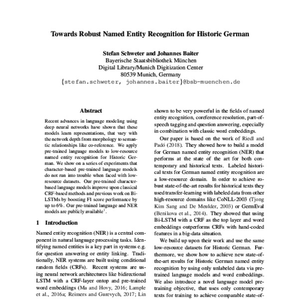 Towards Robust Named Entity Recognition for Historic German - ACL Anthology