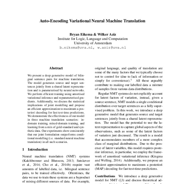 Auto Encoding Variational Neural Machine Translation Acl Anthology