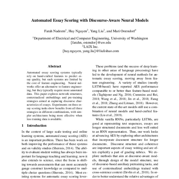 automated essay scoring with discourse aware neural models