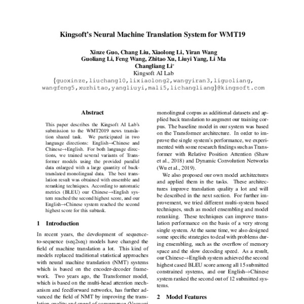 Kingsoft’s Neural Machine Translation System for WMT19 - ACL Anthology