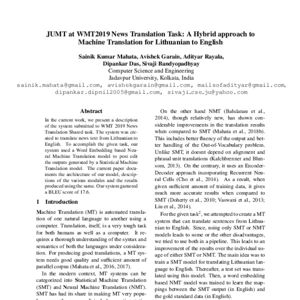 JUMT at WMT2019 News Translation Task: A Hybrid Approach to Machine ...