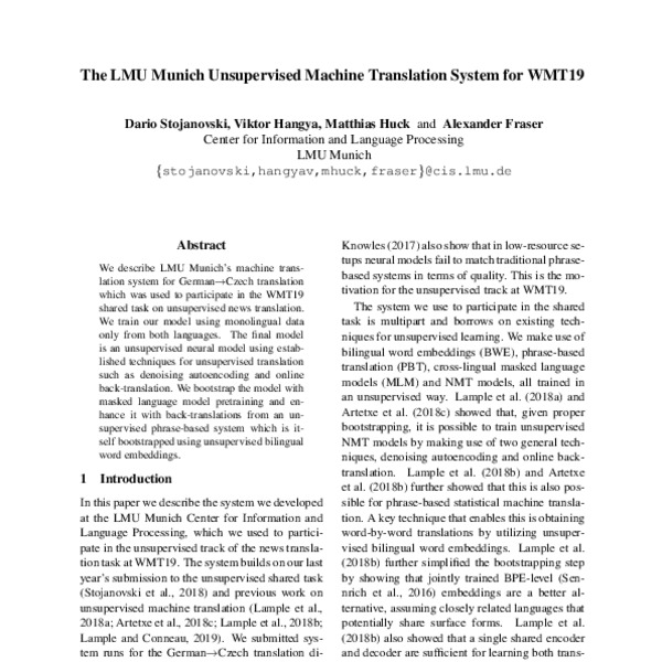 The LMU Munich Unsupervised Machine Translation System for WMT19 - ACL ...
