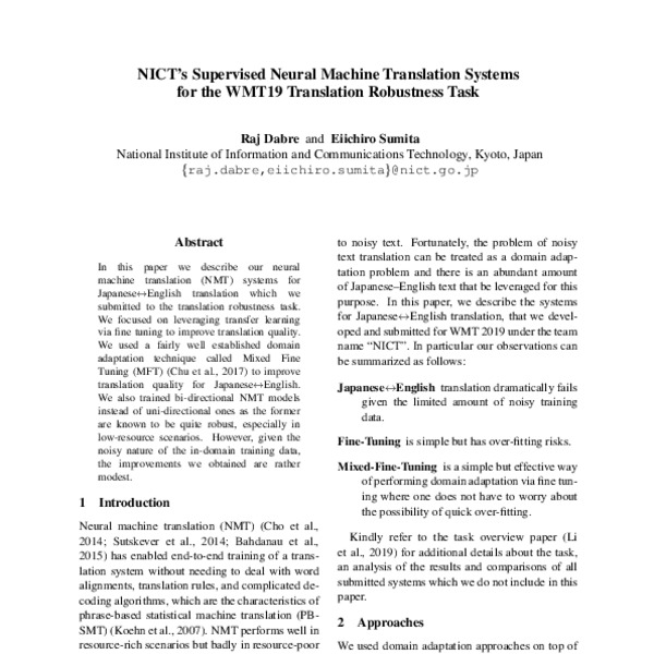 NICT’s Supervised Neural Machine Translation Systems for the WMT19 ...