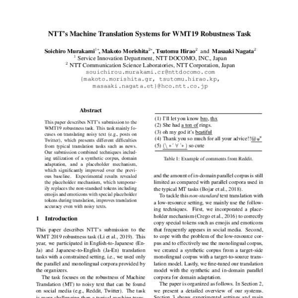 NTT’s Machine Translation Systems for WMT19 Robustness Task - ACL Anthology