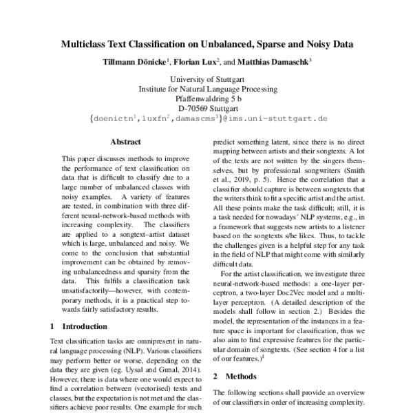 Multiclass Text Classification on Unbalanced, Sparse and Noisy Data ...