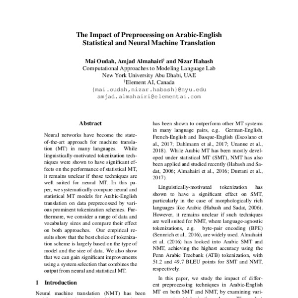 The Impact of Preprocessing on Arabic-English Statistical and Neural ...