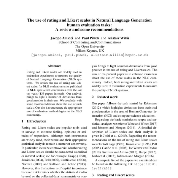 The use of rating and Likert scales in Natural Language Generation ...