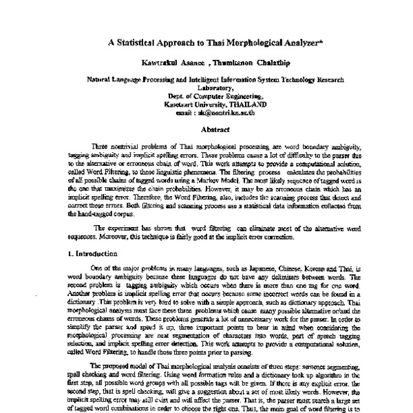 A Statistical Approach to Thai Morphological Analyzer - ACL Anthology