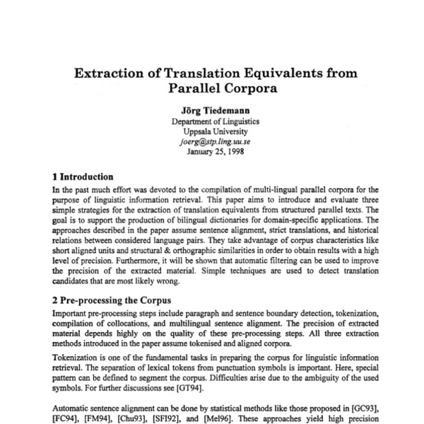 Extraction of Translation Equivalents from Parallel Corpora - ACL Anthology