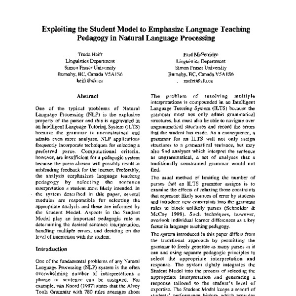 Exploiting the Student Model to Emphasize Language Pedagogy in Natural ...